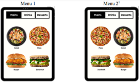 The image contains two menu's, in which the healthy options are displayed on the left in menu 1, and displayed on the right in menu 2.